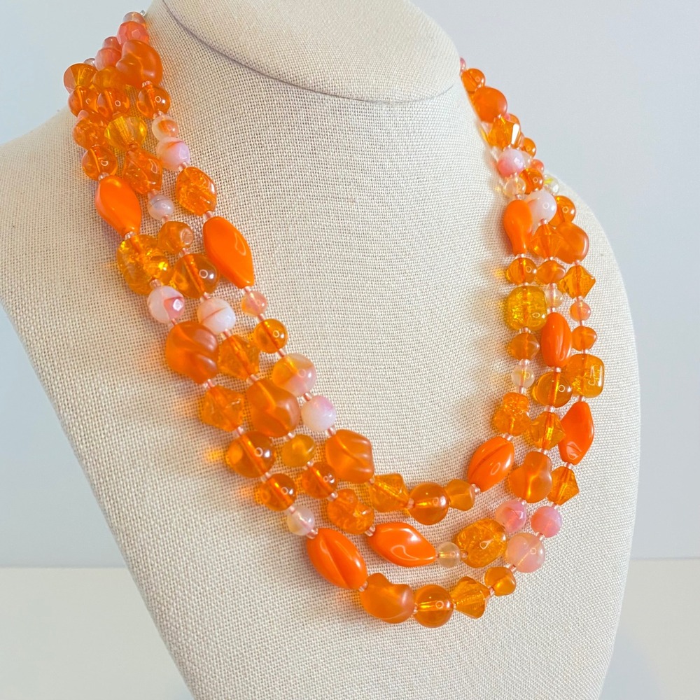 Vintage West Germany Orange Glass Bead Triple Strand Statement Necklace 15-18"